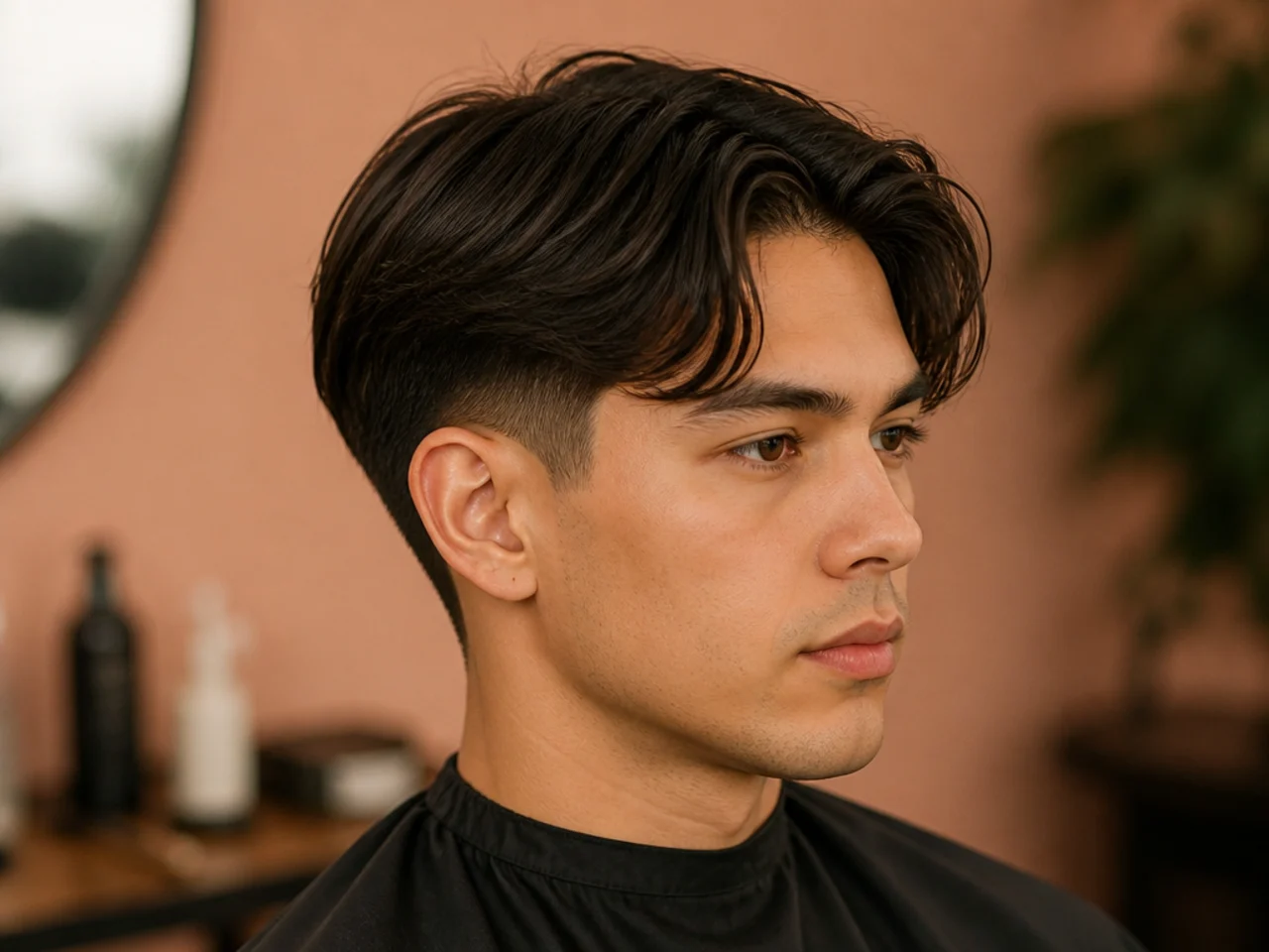 Short middle part with a low taper dropping behind the ear on wavy hair