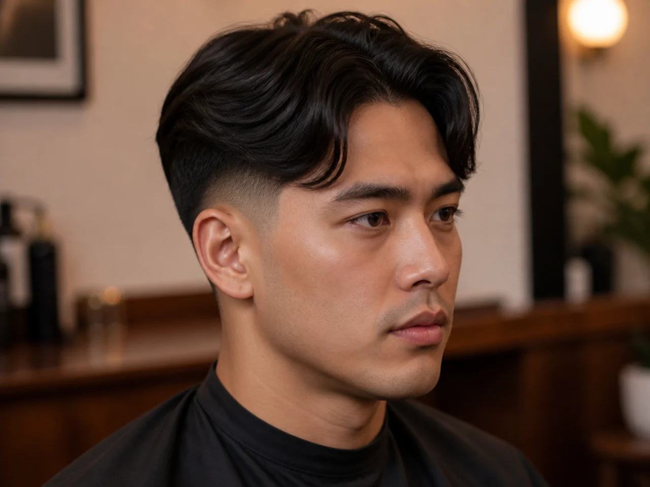 Short middle part with a temple fade sharpening the corners and soft sides