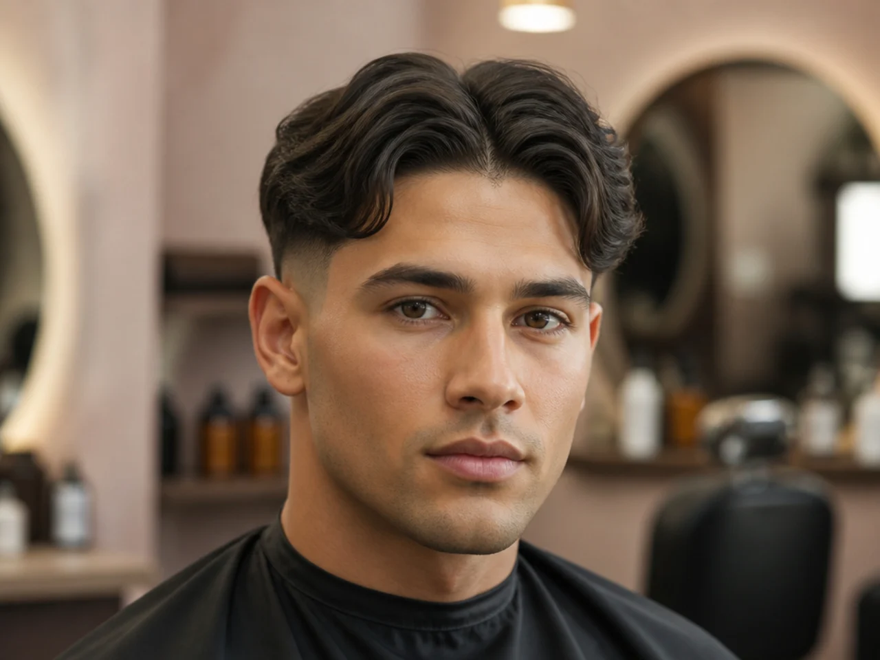Short middle part paired with a low fade dropping cleanly around the ear