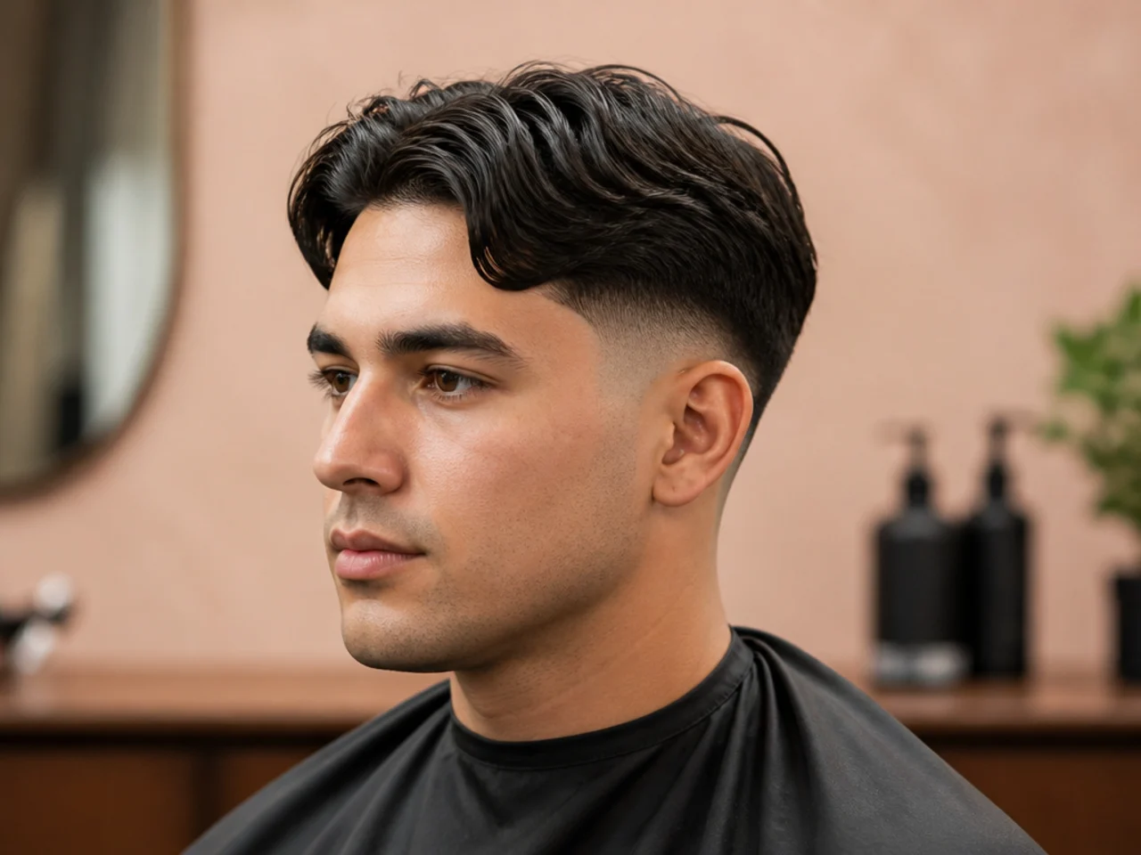Short middle part with a mid fade jumping in at the temple on straight hair