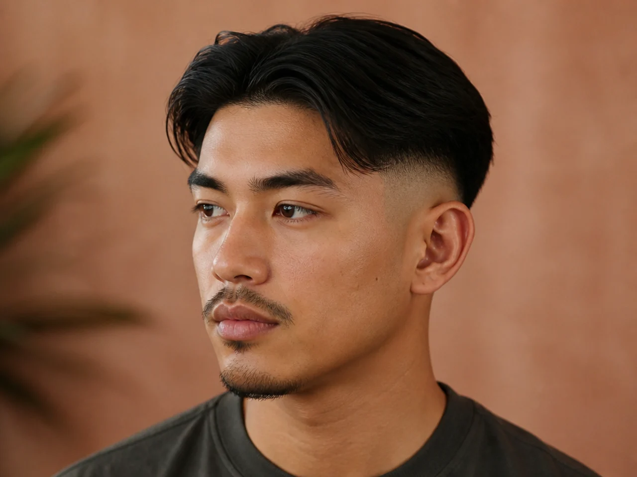 Short middle part with a clean skin fade blending into three inches of top