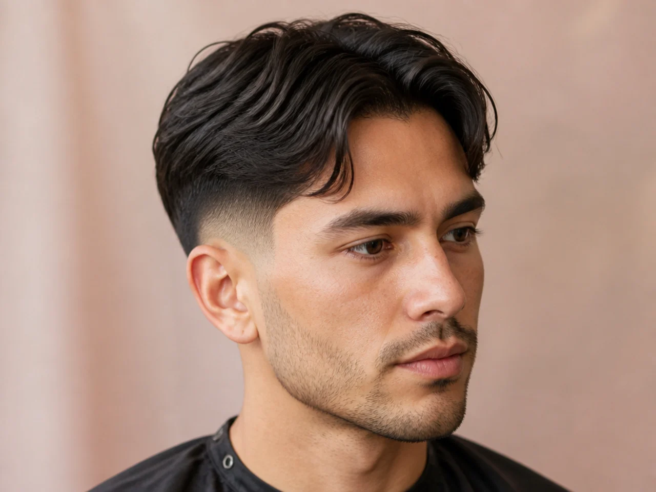 Short middle part with a drop fade arcing down behind the ear on wavy hair
