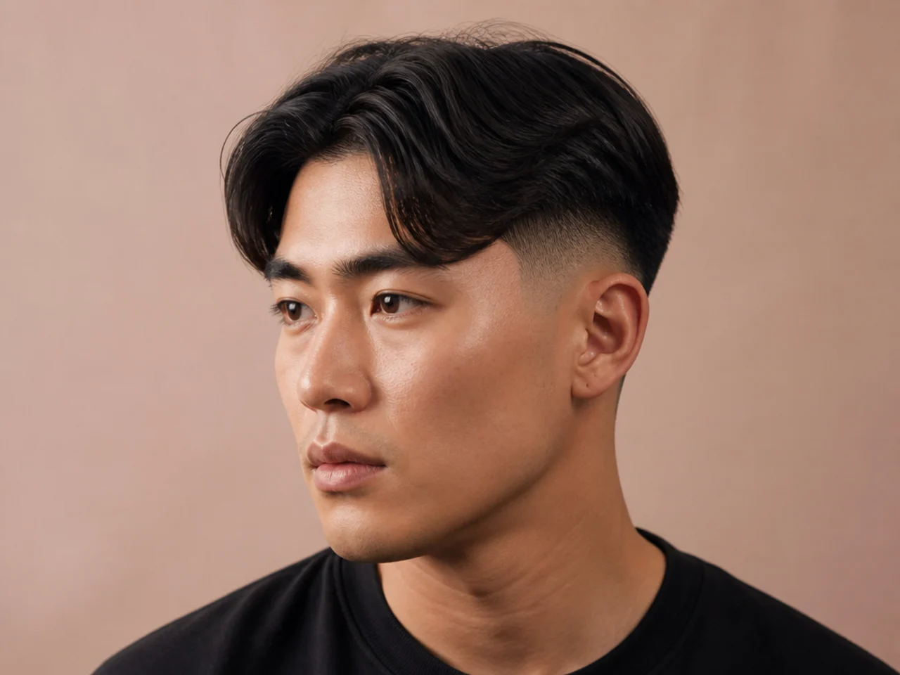 Short middle part with a burst fade arcing around the ear on textured hair
