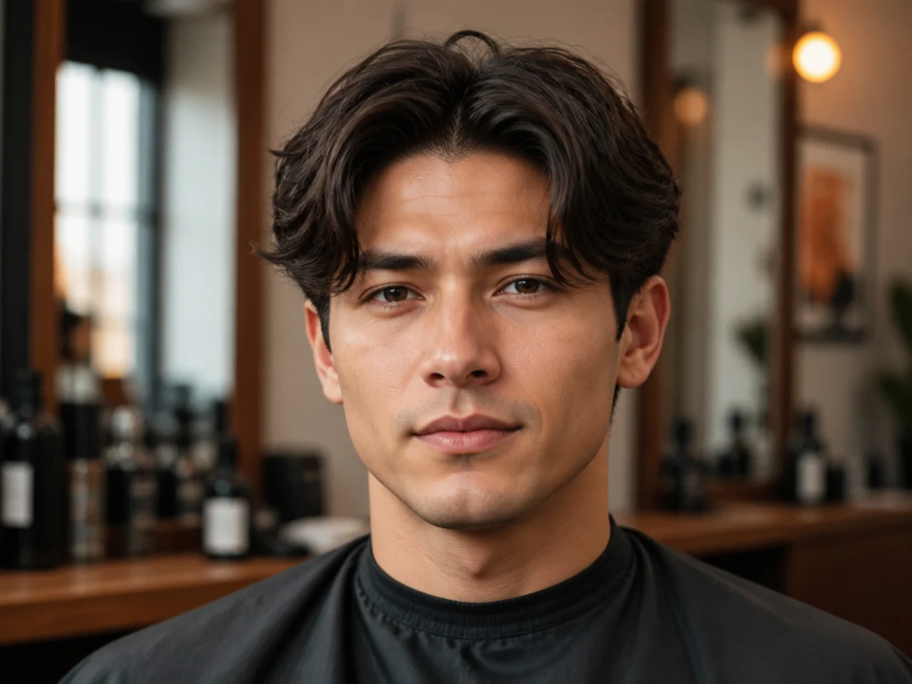 Client showing a barber a photo reference for a short middle part haircut