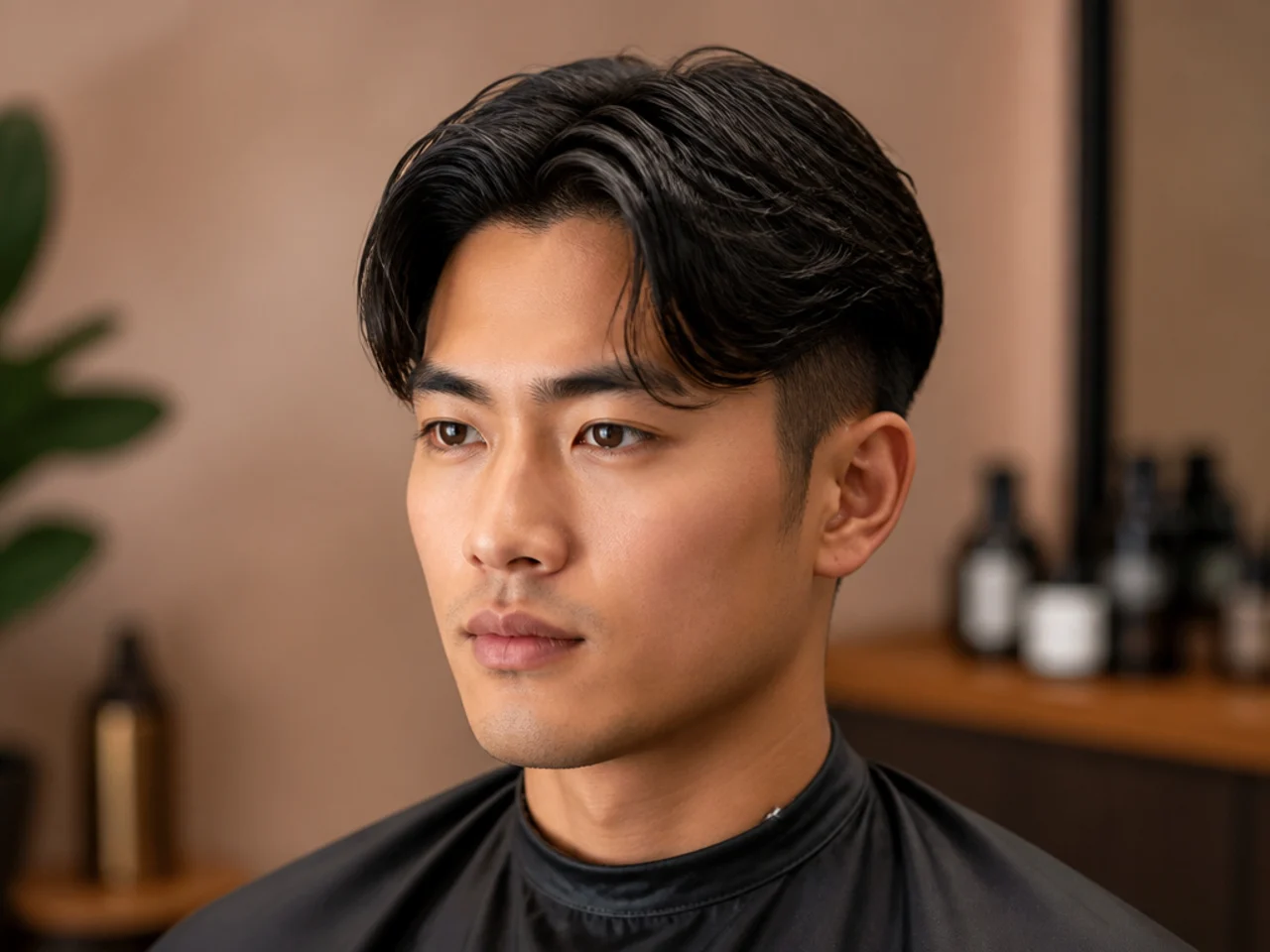 Short middle part styling products laid out on a warm-toned barber counter