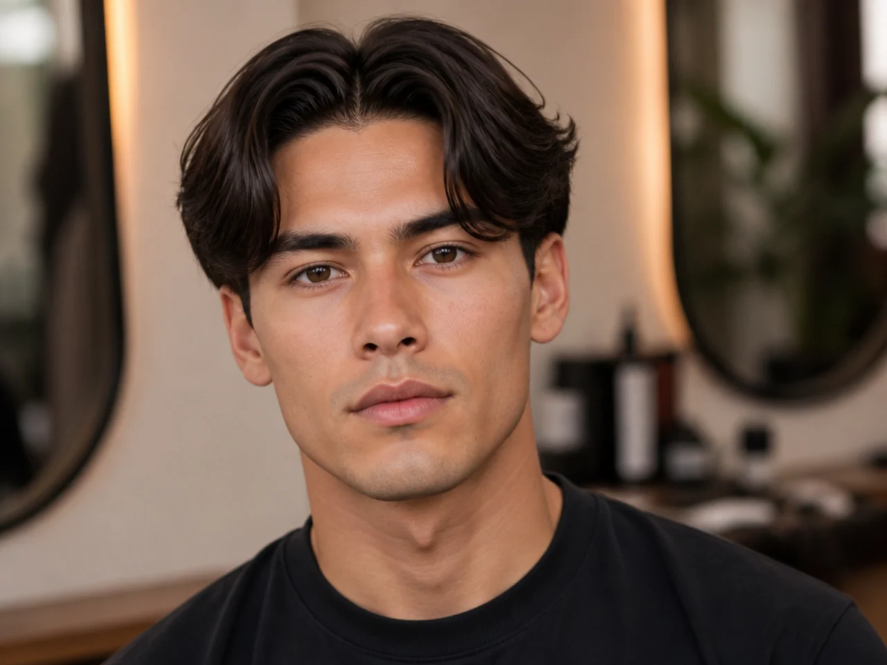 Grid of twenty short middle part haircut variations for men
