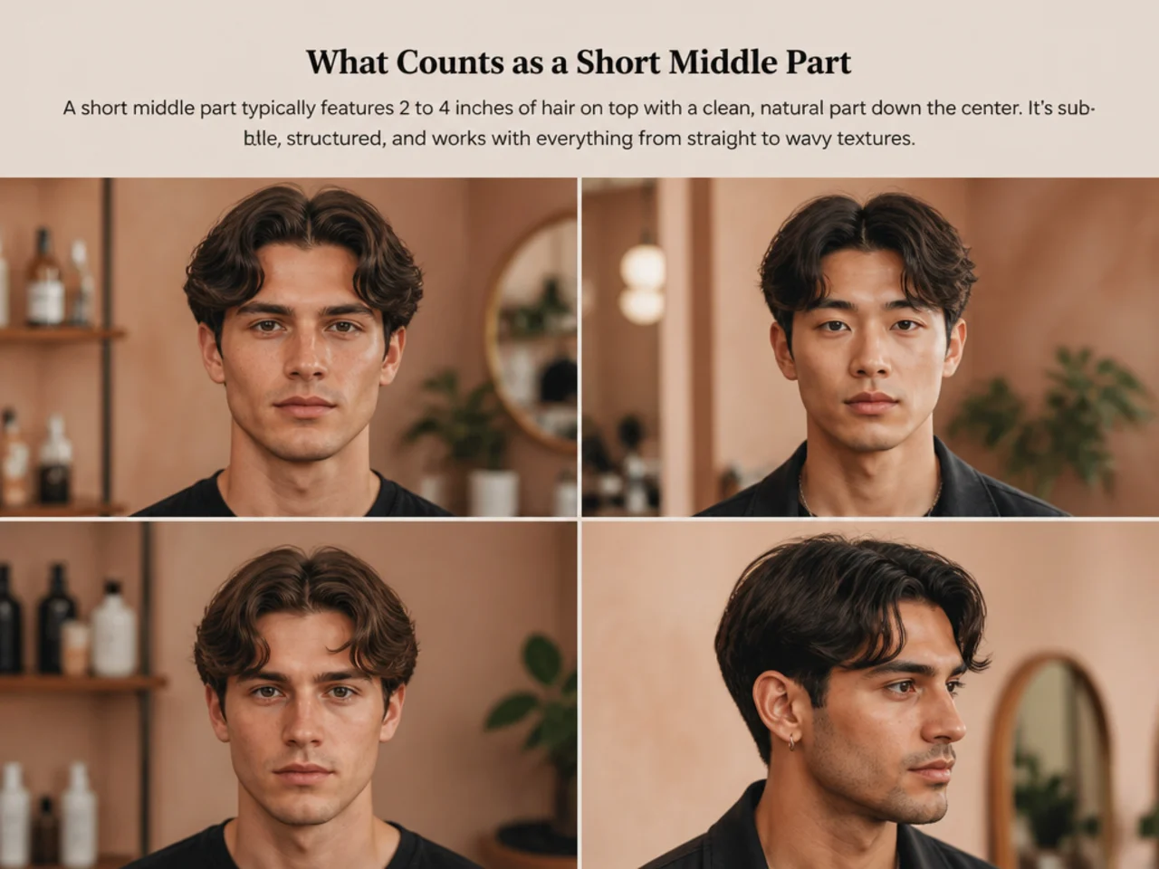 Short middle part haircut reference — three-inch top with a low taper fade on straight hair