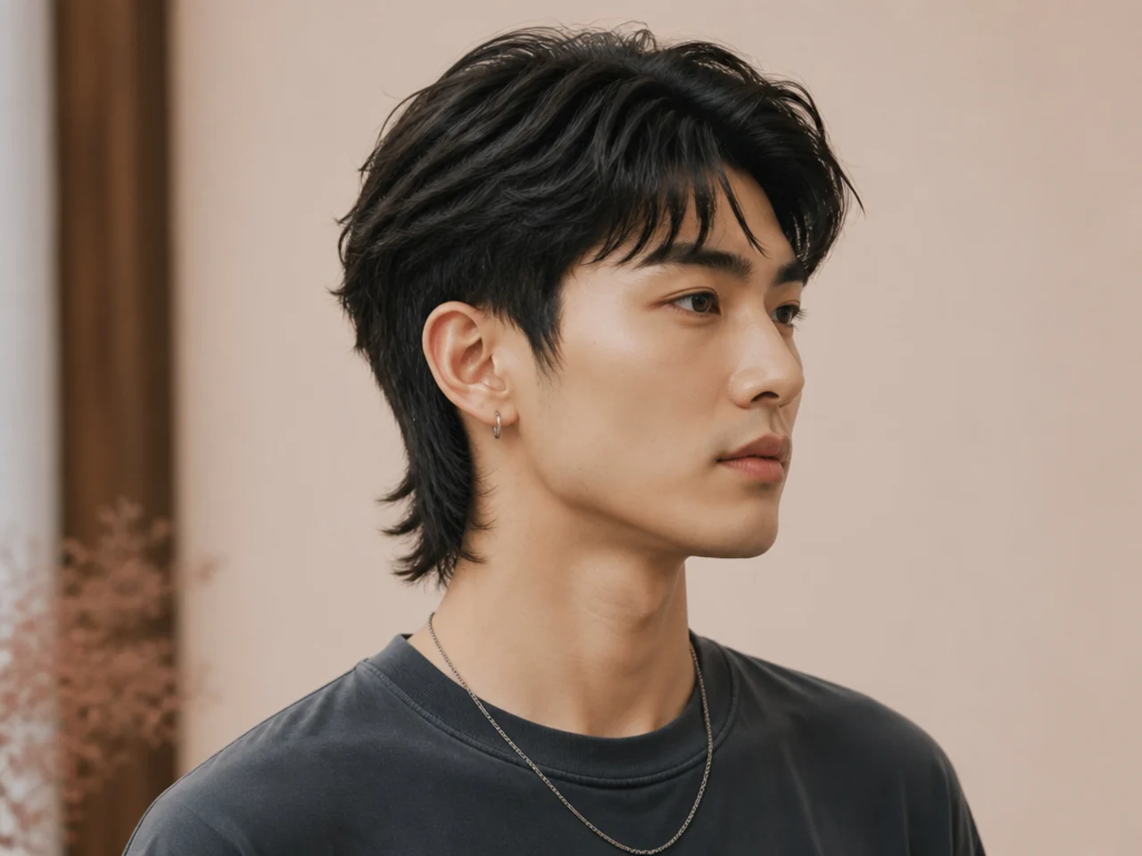 Korean-inspired short mullet on a young Asian man with soft layers and glossy finish