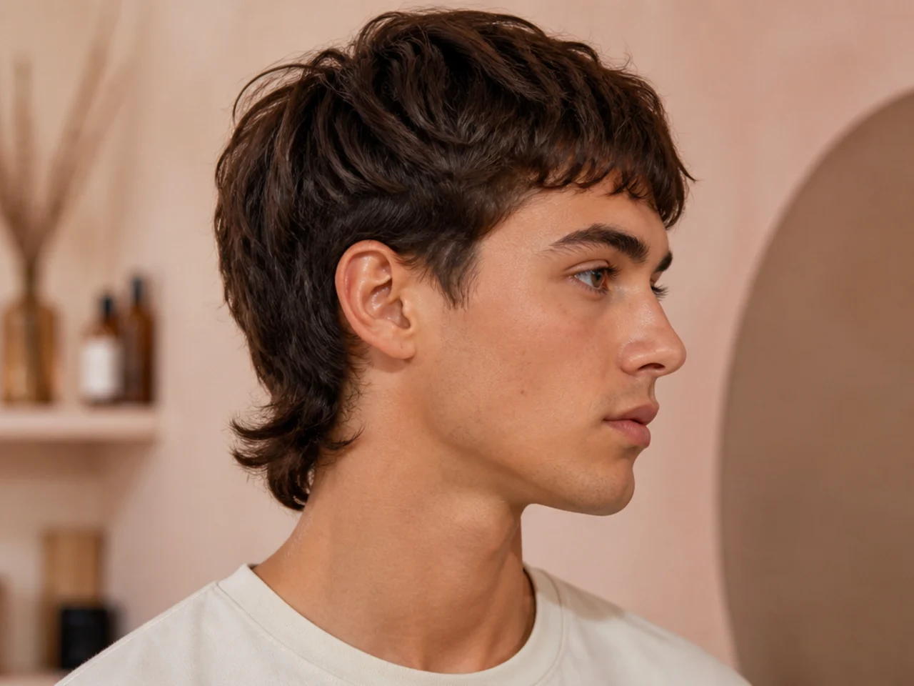 Boy mullet on a young man with soft blended layers and cropped nape