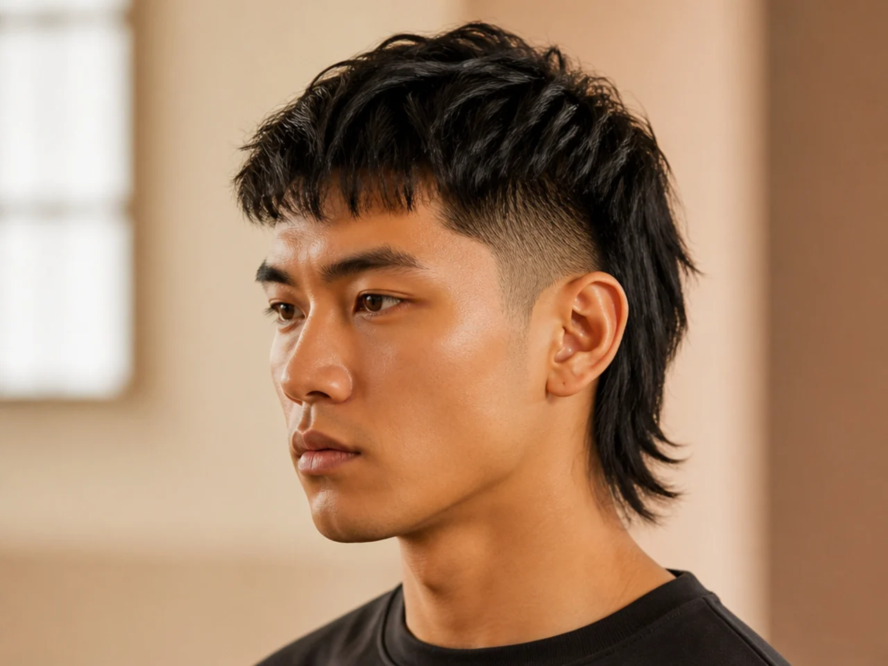 Disconnected short mullet with hard undercut break between top and sides