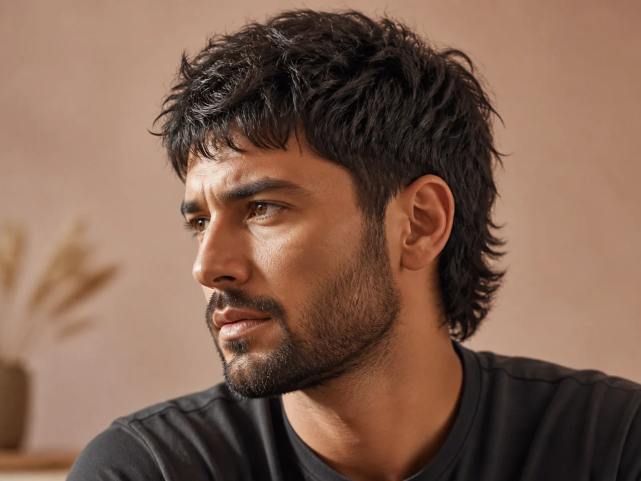 Short mullet paired with a full beard on a man in his late twenties
