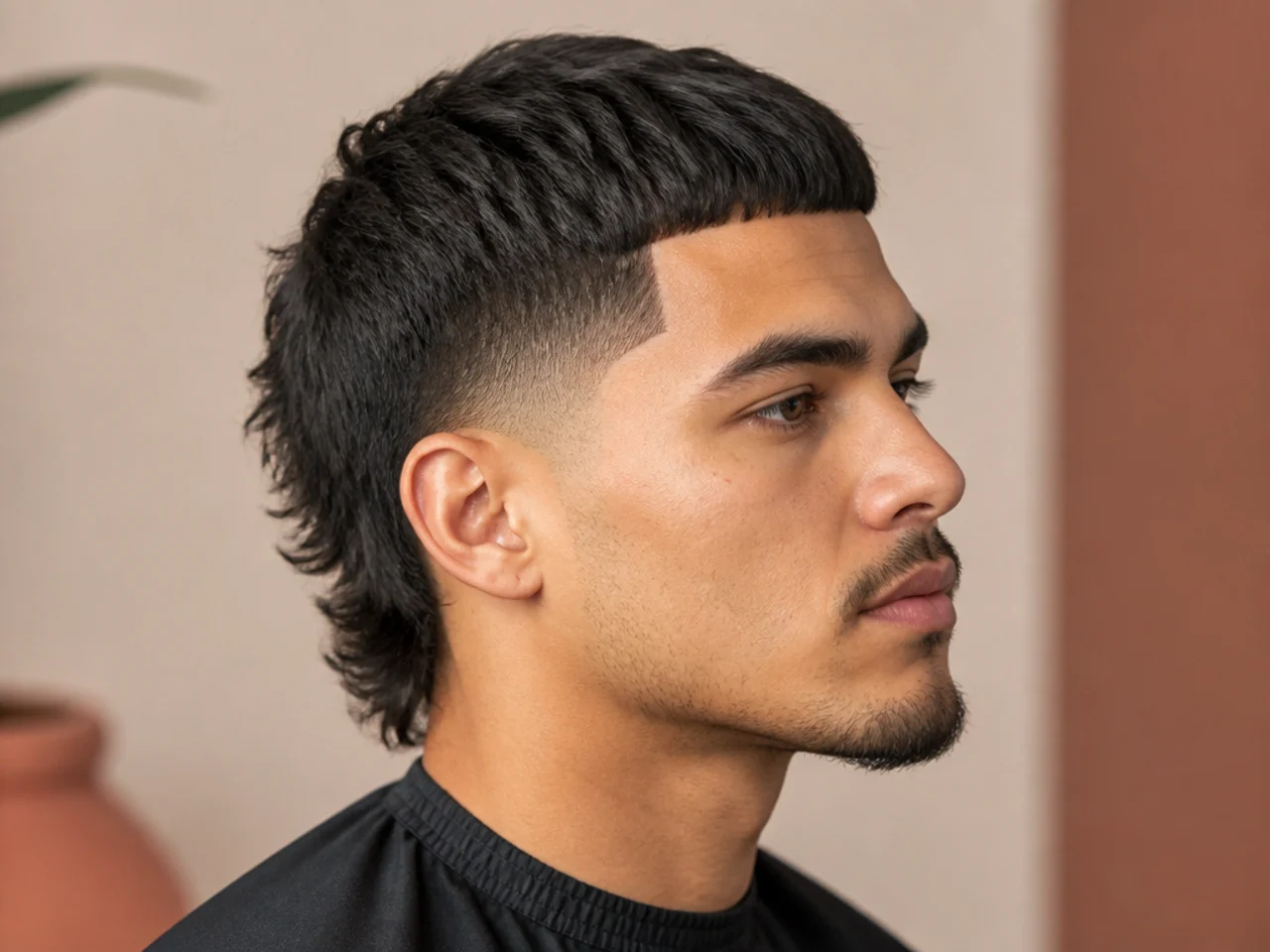 Short mullet with sharp razor line-up at the temples and hairline