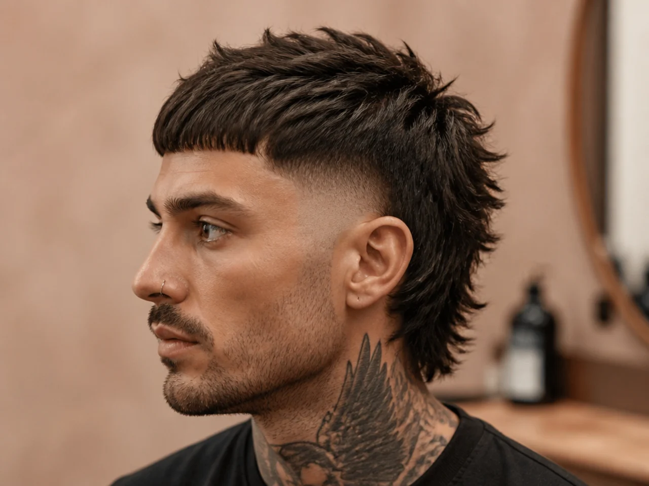 Aggressive short mullet with heavy back layers and hard skin fade