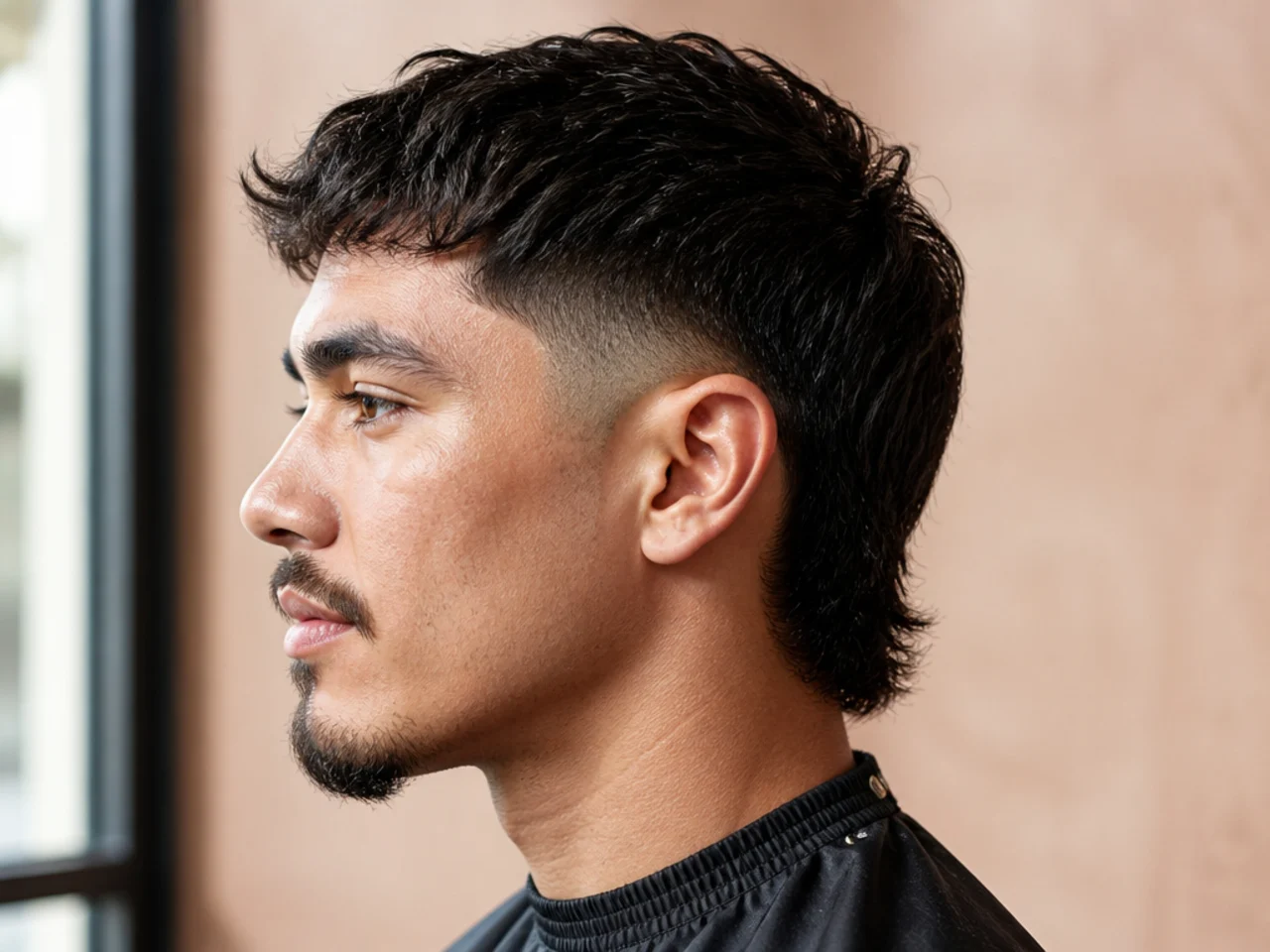 Low fade short mullet with sharp temple-line fade and layered top
