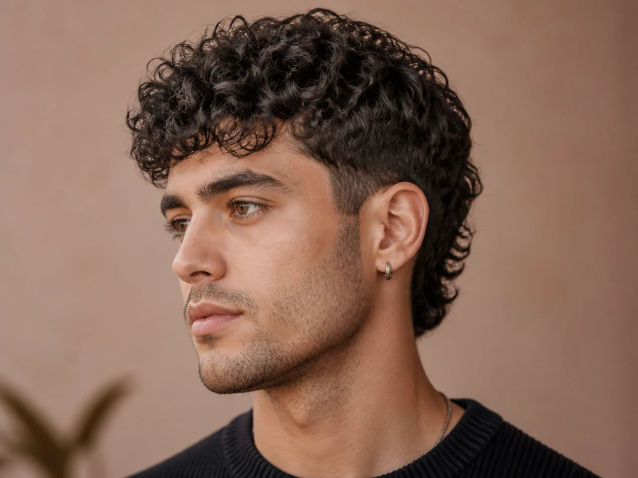 Short curly mullet on a man with type 3 curls and tapered sides