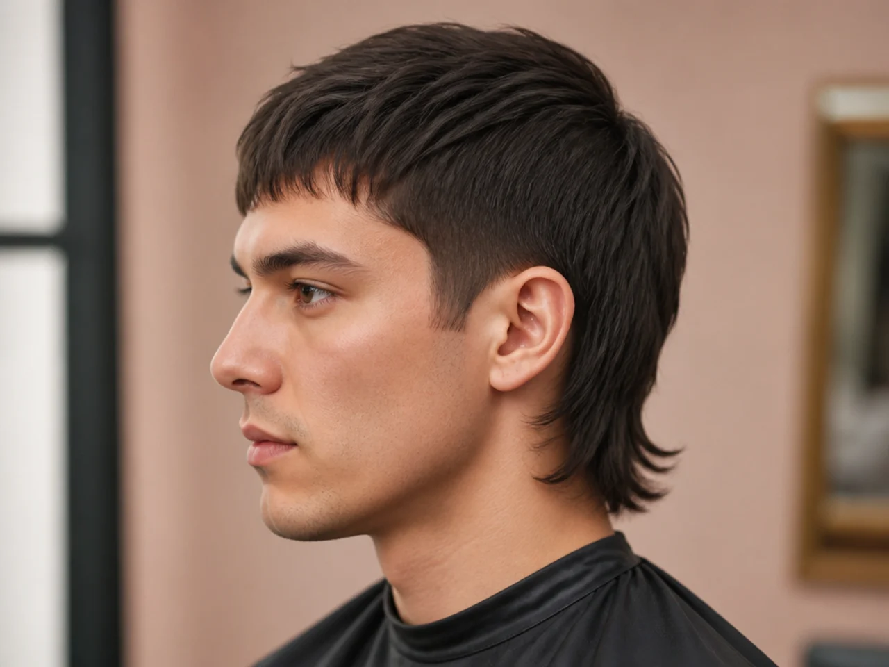 Short straight mullet with sharp point-cut top and clean feathered nape