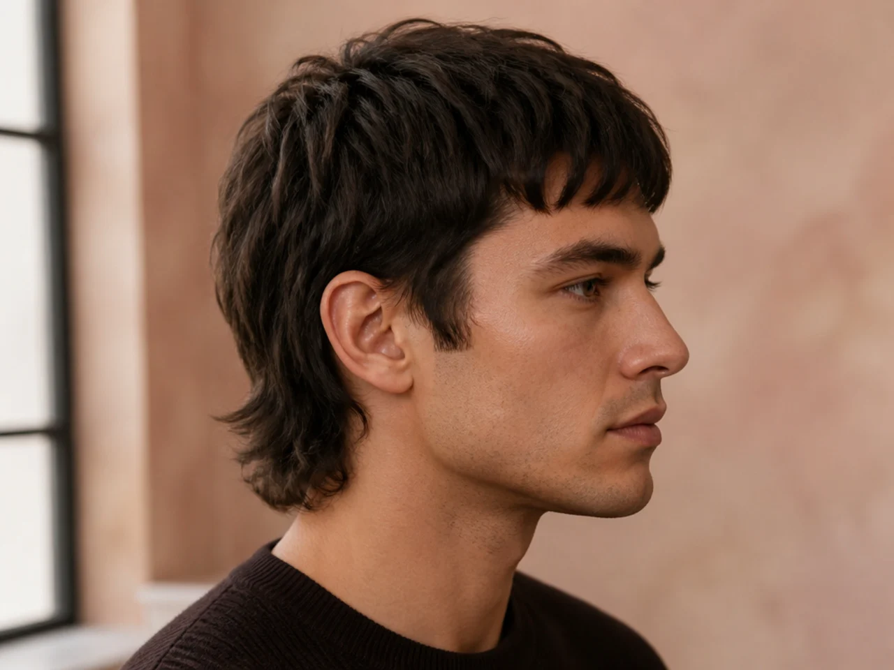 Short mullet with textured fringe falling forward over the brow