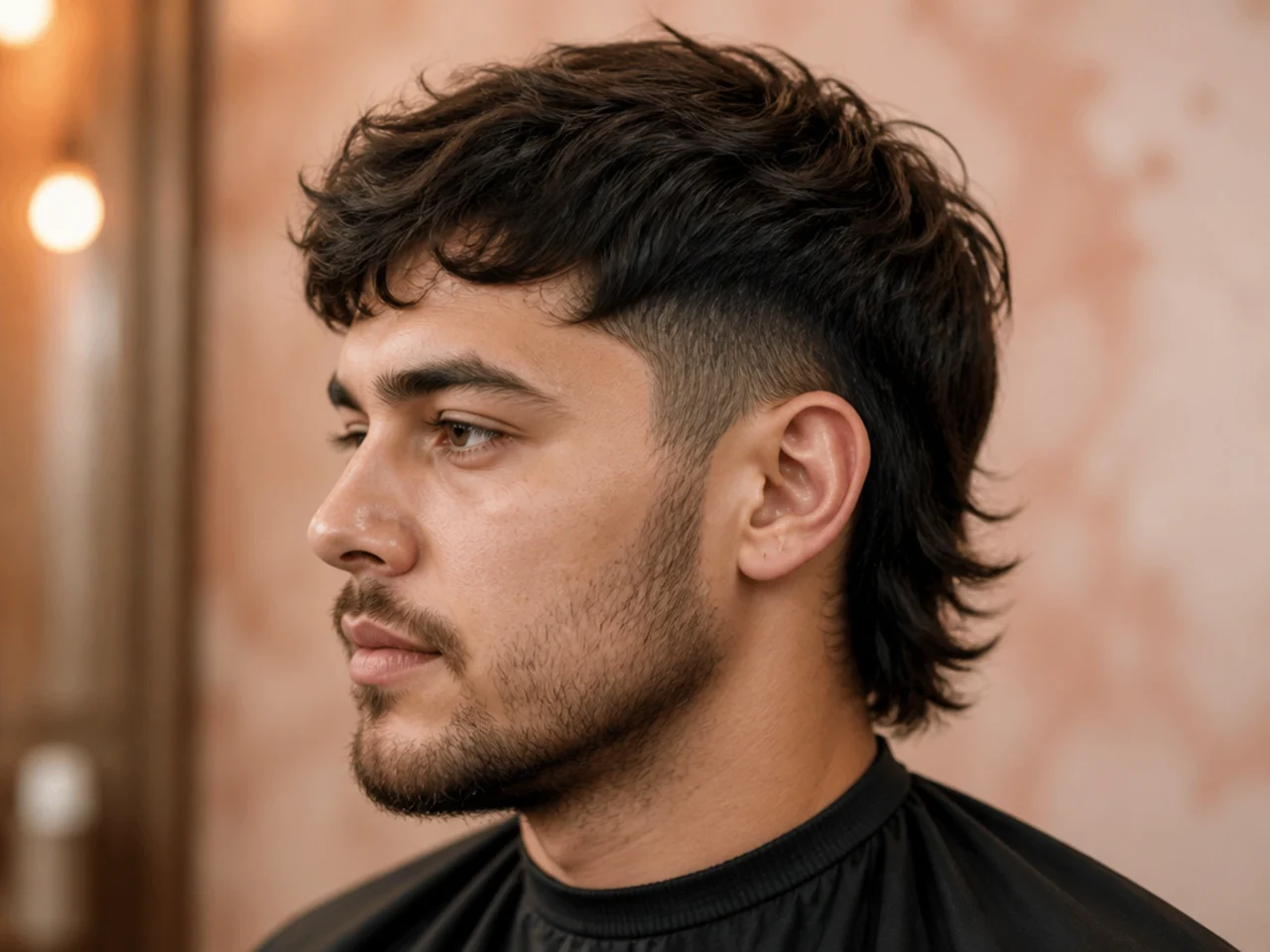 Barber and client discussing short mullet reference photos in a modern barbershop