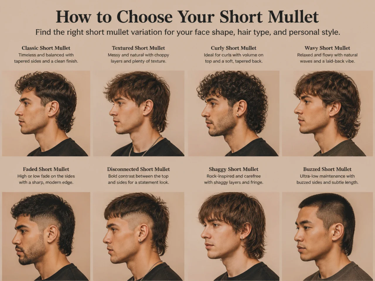Side-by-side triptych of three short mullet variations on three men with different hair types