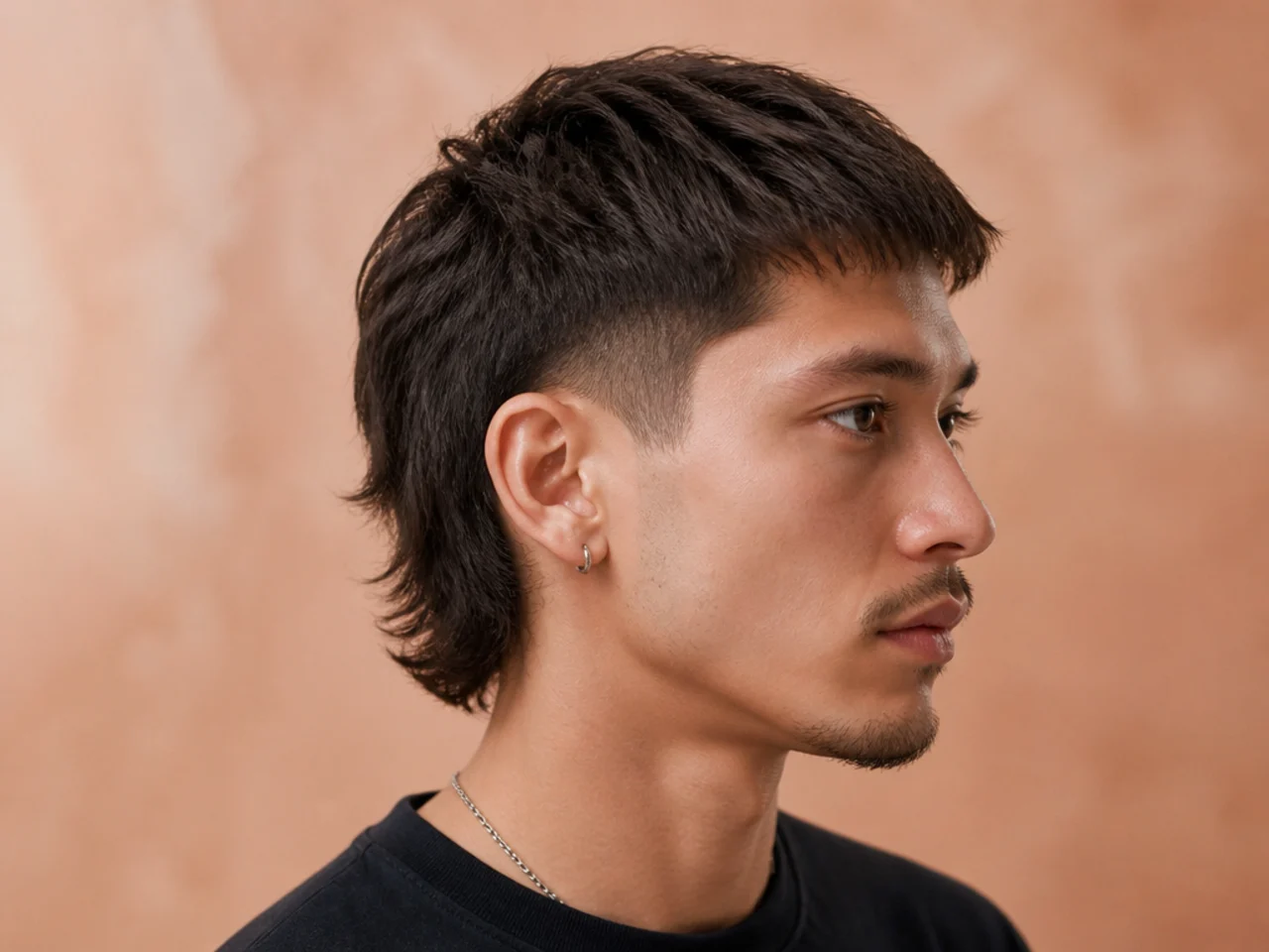 Side-profile diagram of a short mullet showing cropped top, tapered sides, and one-inch nape length