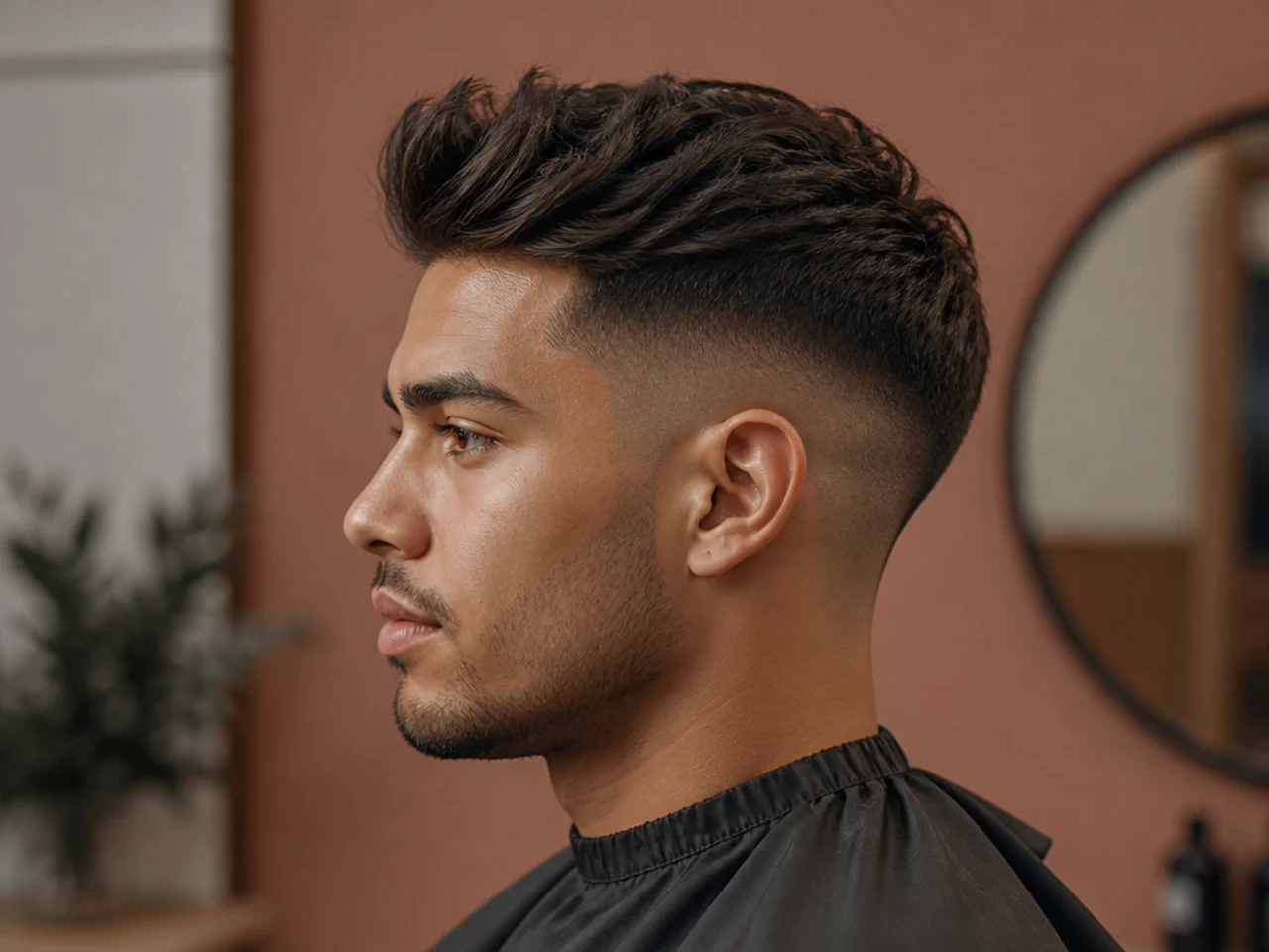 Short quiff with a drop fade curving down behind the ear on a young man with lifted matte top