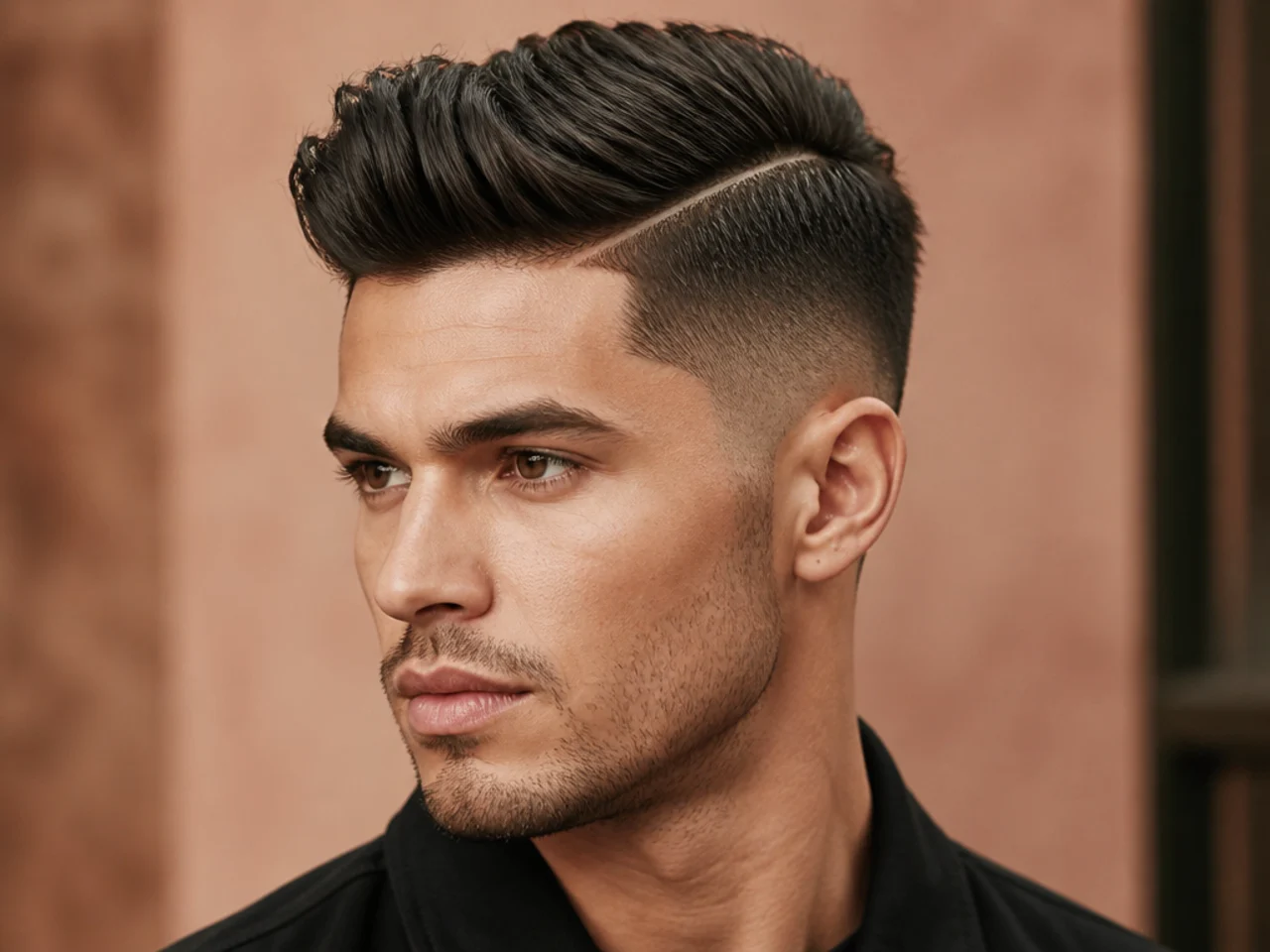 Short quiff with a clipper-cut hard part on the side of a young man with mid fade sides and swept-up front
