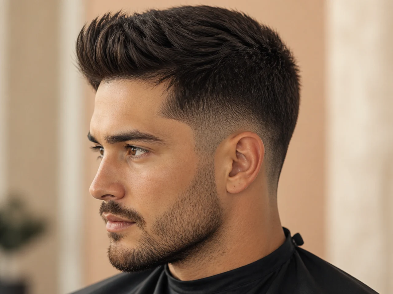 Short quiff with a full scissor blend at the sides on a middle-aged man with a grown-up soft finish