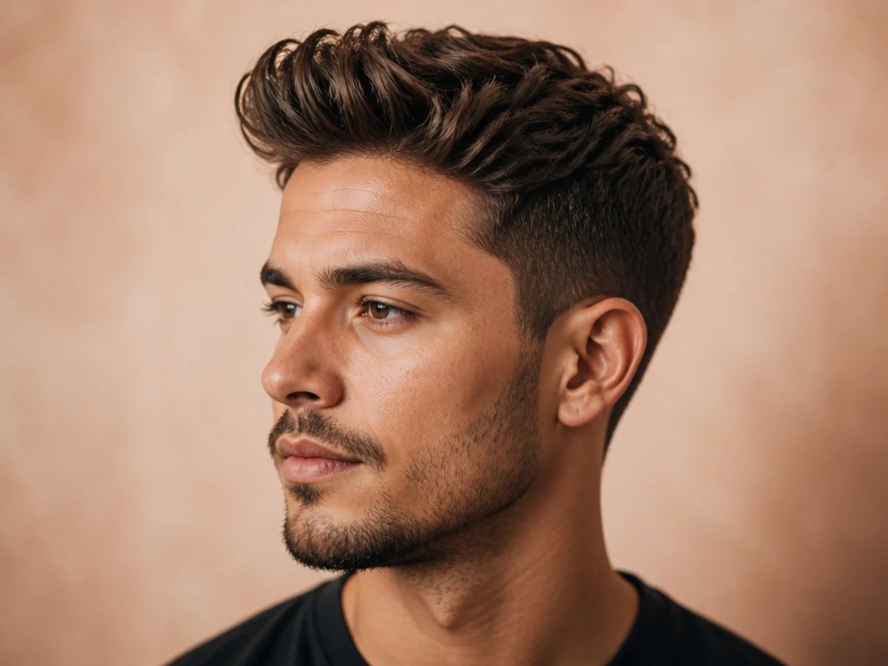 Short wavy quiff on a young man with natural wave pattern lifted and pushed back over a low fade
