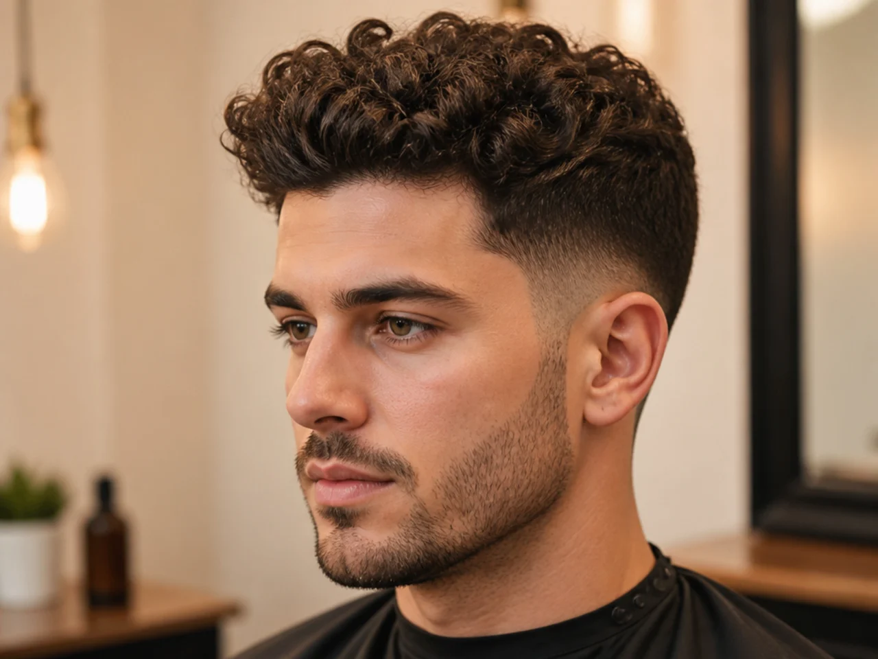 Short curly quiff on a young Black man with defined coils lifted and pushed back on a mid taper