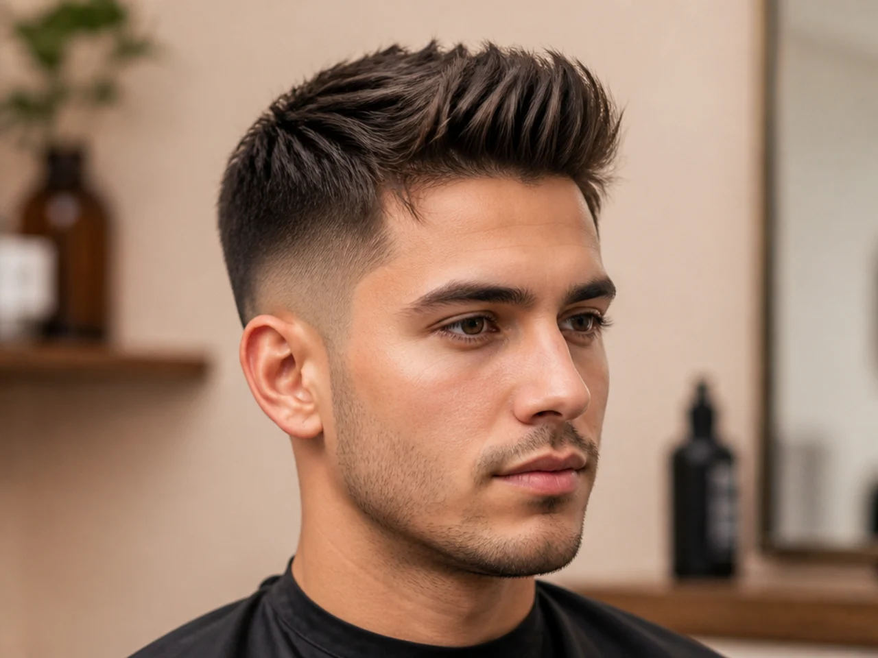 Short quiff on a young man with fine hair styled with texture powder for visual density and a low taper fade