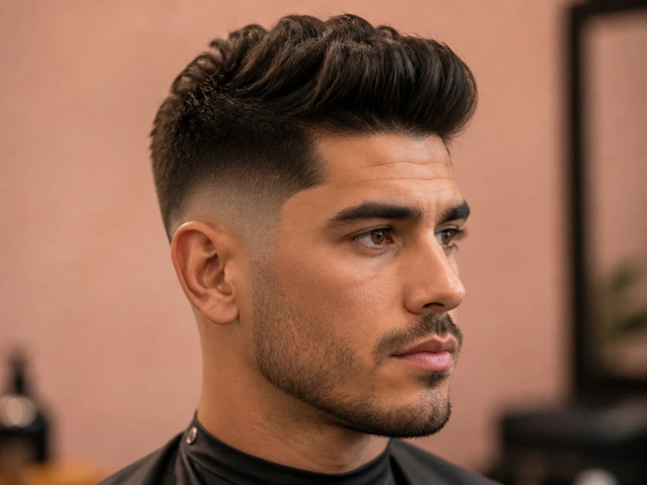 Short quiff on a young man with thick coarse hair, internal thinning through the top, and a high skin fade