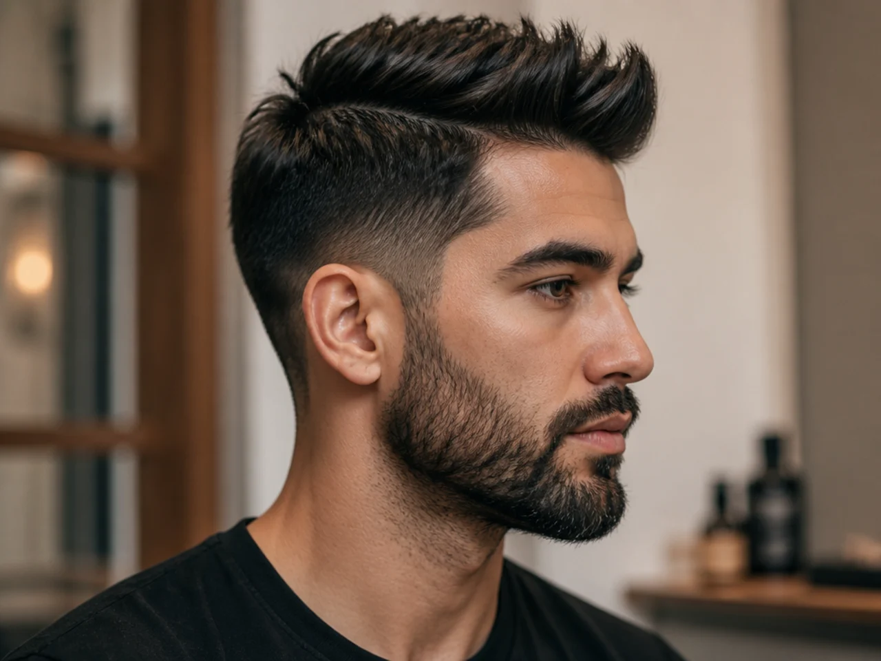 Short quiff paired with a short trimmed beard on a young man showing balanced height and jaw weight