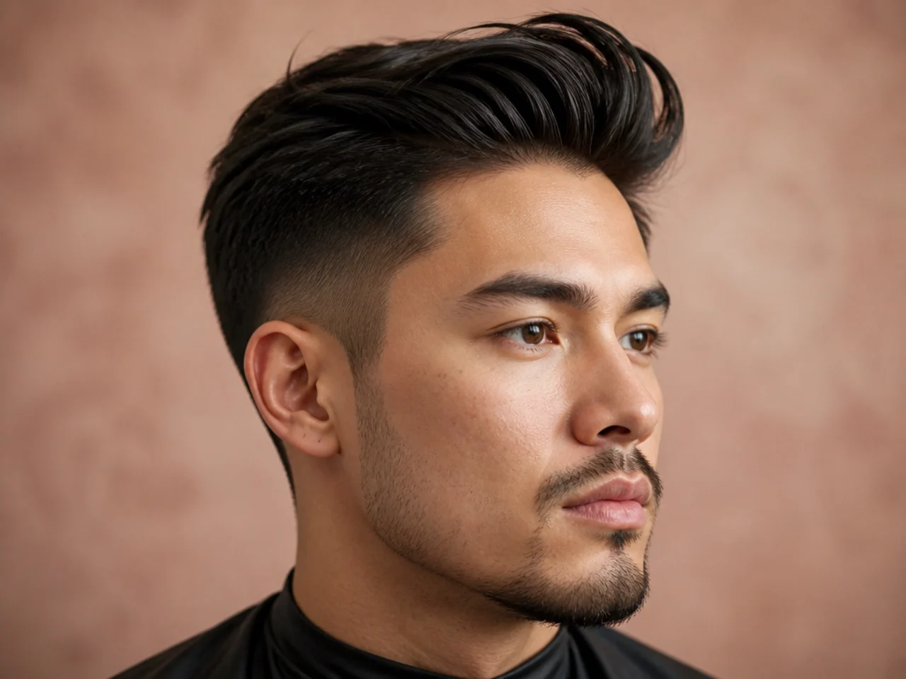 Short side-swept quiff on a young man with front pushed diagonally across the forehead over a mid fade