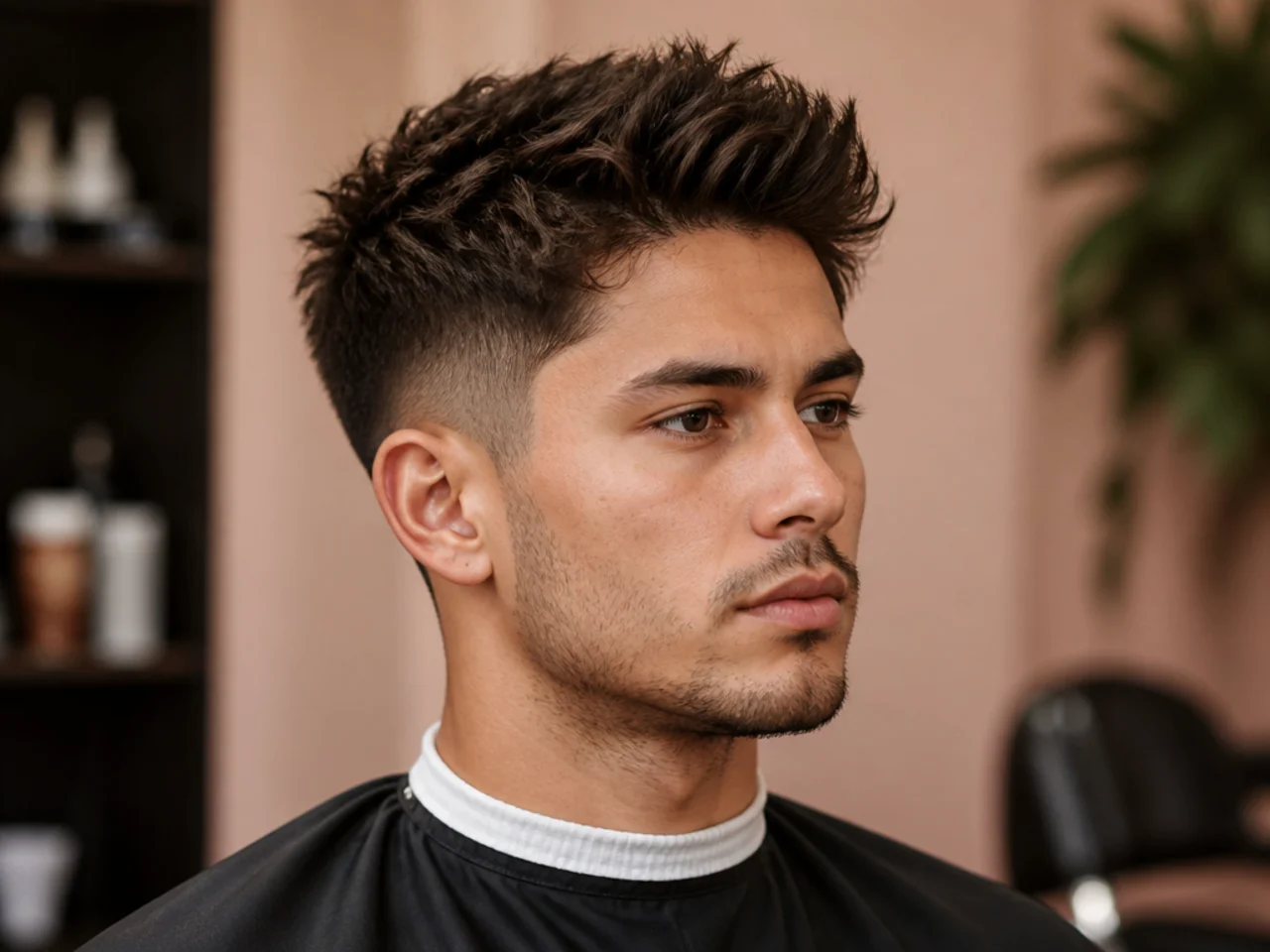 Textured short quiff with visible piece separation and mid fade sides on a young man with straight hair
