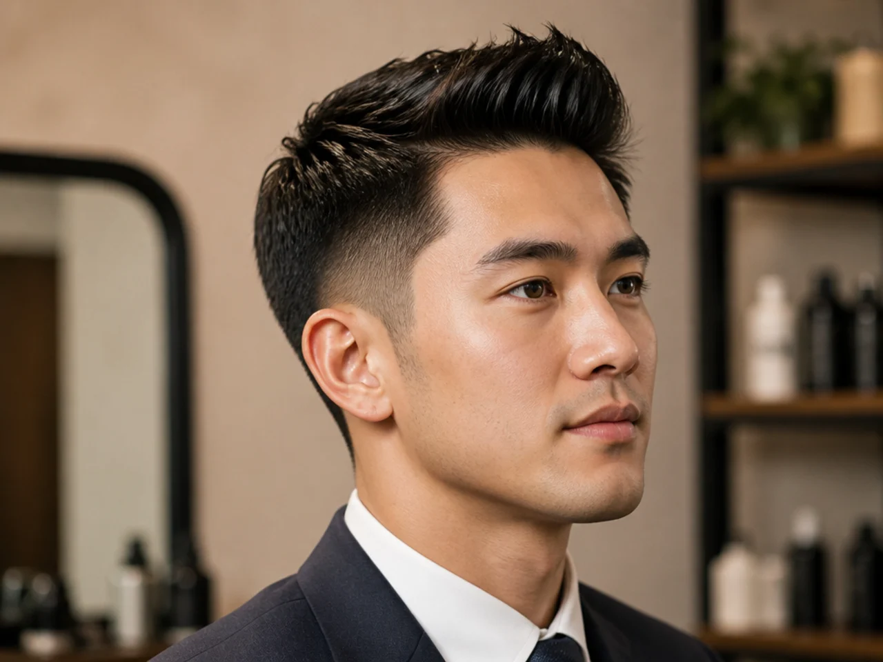 Executive short quiff on an older man with grey-streaked hair, sleek soft finish, and scissor-blended sides