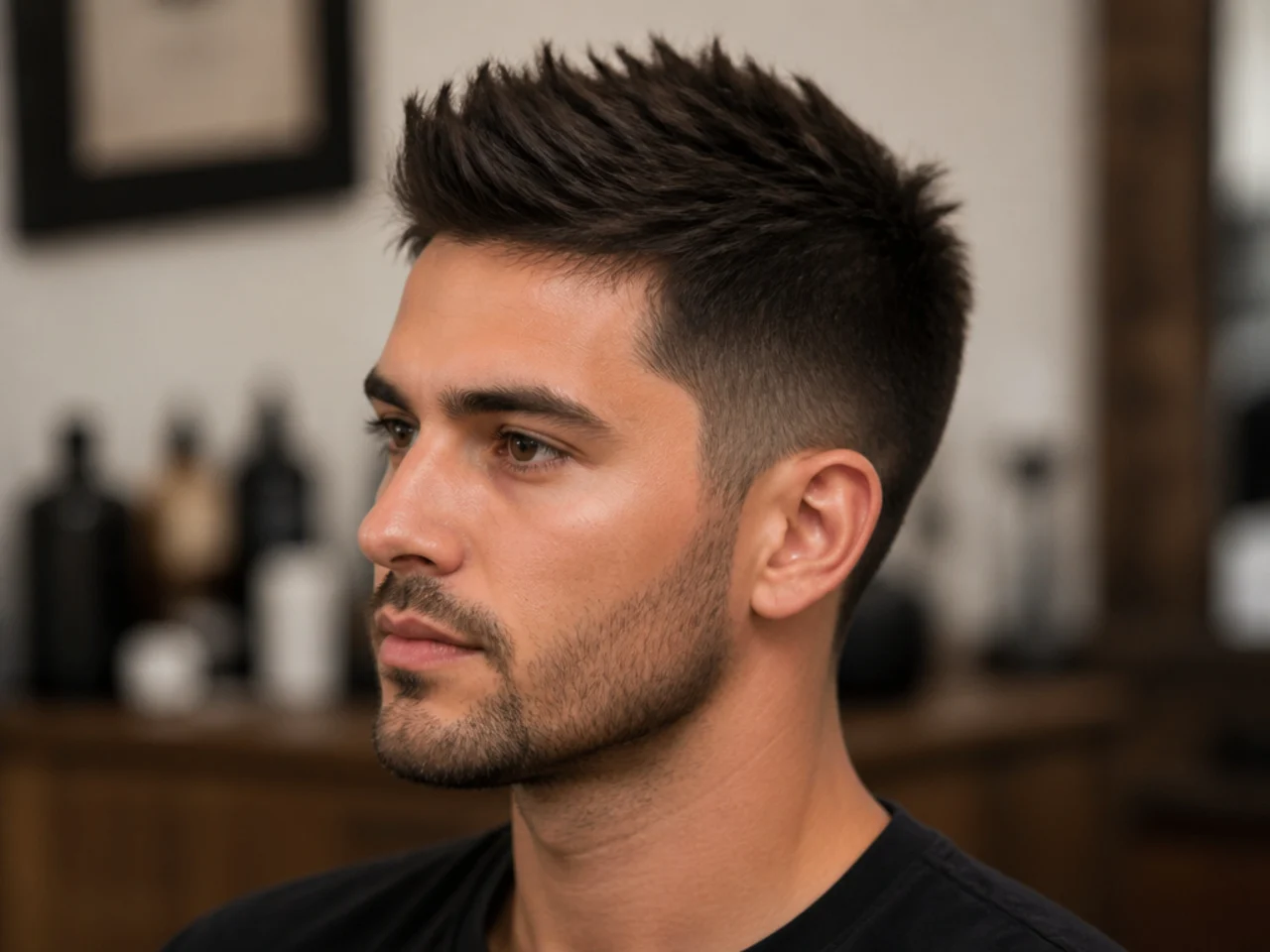 Short spiky quiff with piece-separated spikes lifted up and slightly forward on a young man with fine hair