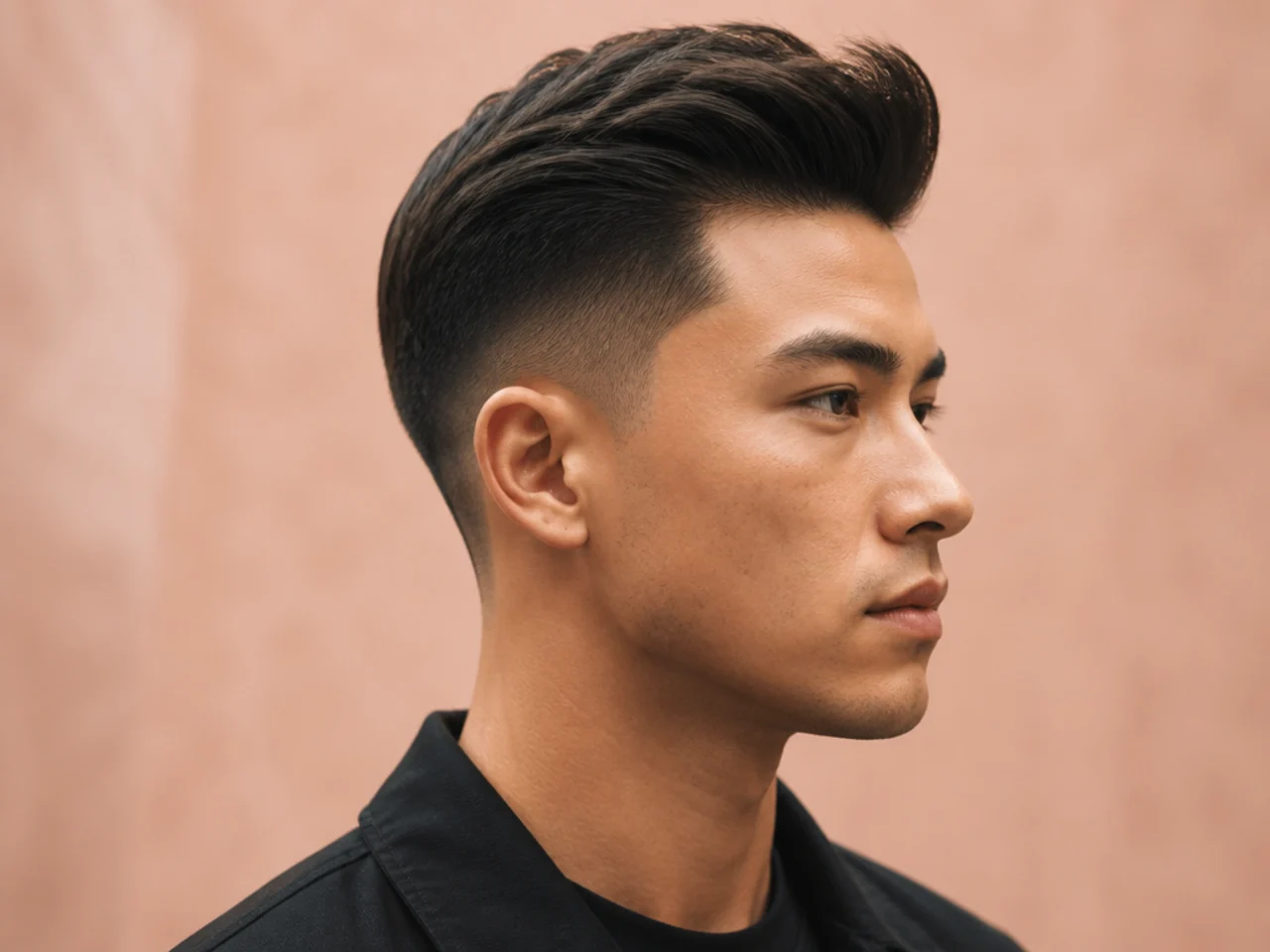Sleek short quiff with polished front sweep and clean side part on a young man with a mid skin fade