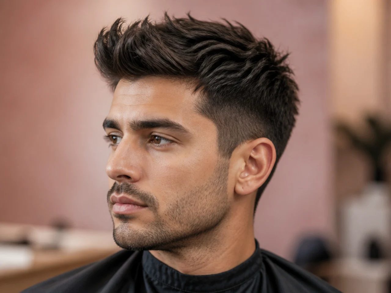 Messy short quiff on a young man with tousled front pieces, matte finish, and short faded sides