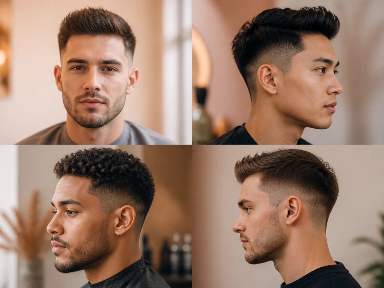 Short quiff with clean low taper fade at the neckline on a young man in a workplace-appropriate setting
