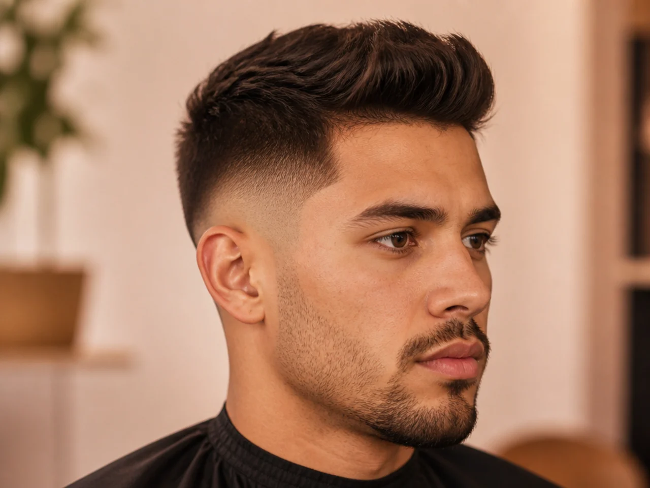 Short quiff paired with a mid fade at the temple on a young man with matte tousled top