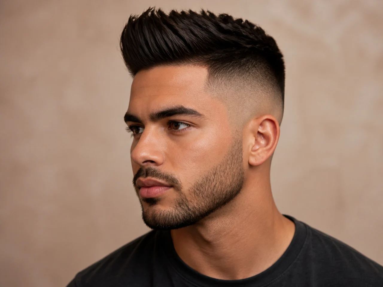 Short quiff with a high skin fade climbing above the temple on a young man with sharp contrast top to sides
