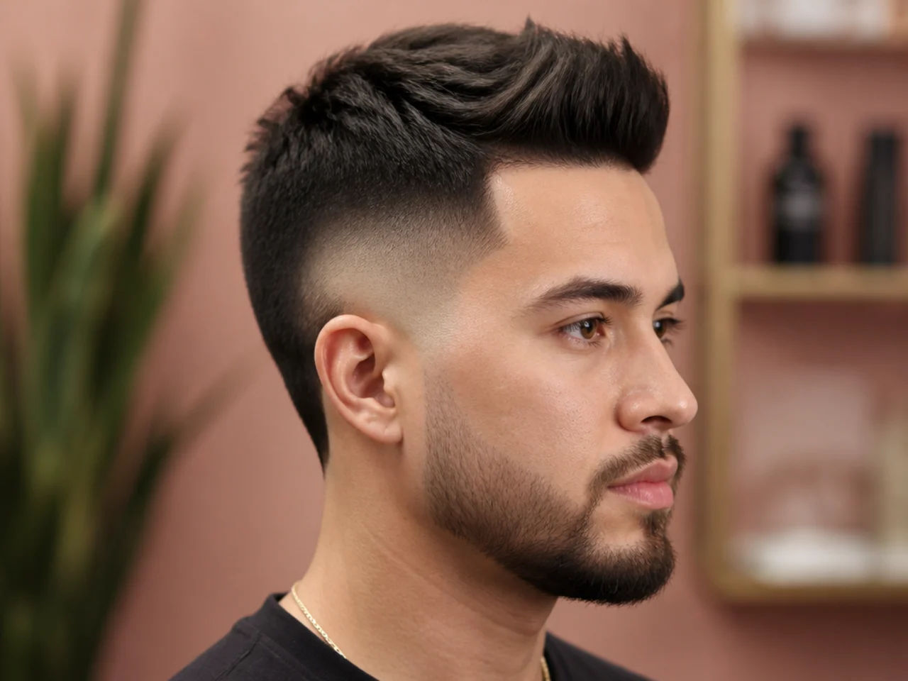 Short quiff with a curved burst fade around the ear on a young man with lifted matte front