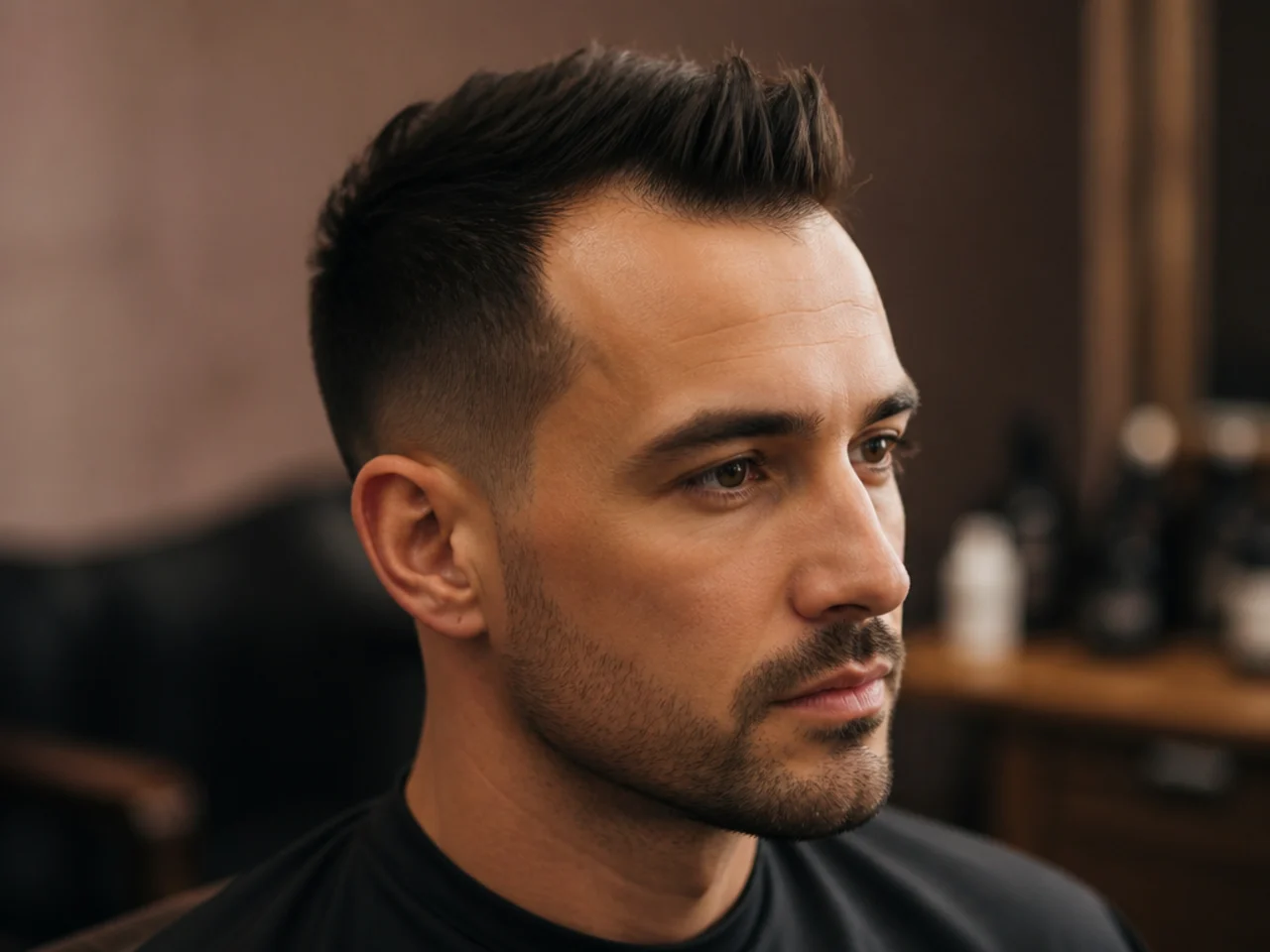 Short quiff styled with heavy point-cutting on a man with a softly receding hairline and low fade sides