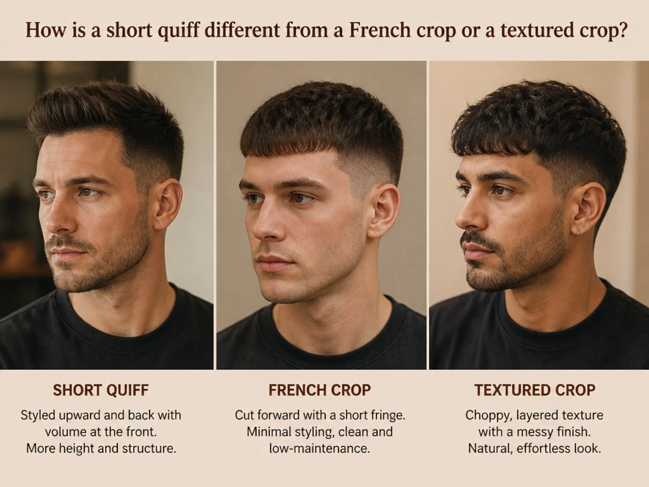 Side-by-side comparison of a short quiff and a French crop on two young men showing the difference in front direction