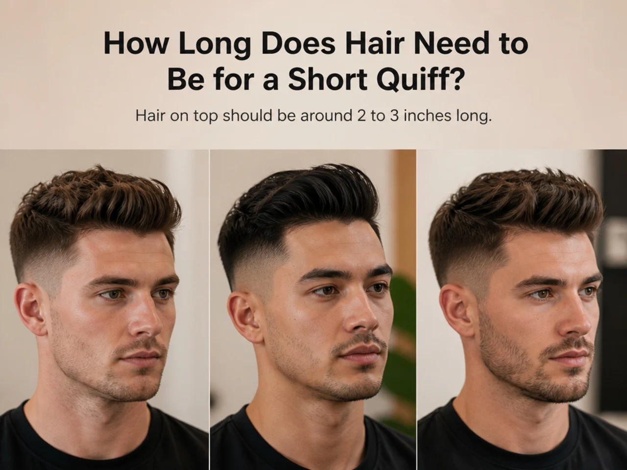 Grow-out reference showing a young man mid-way through growing hair from a crew cut into a short quiff length