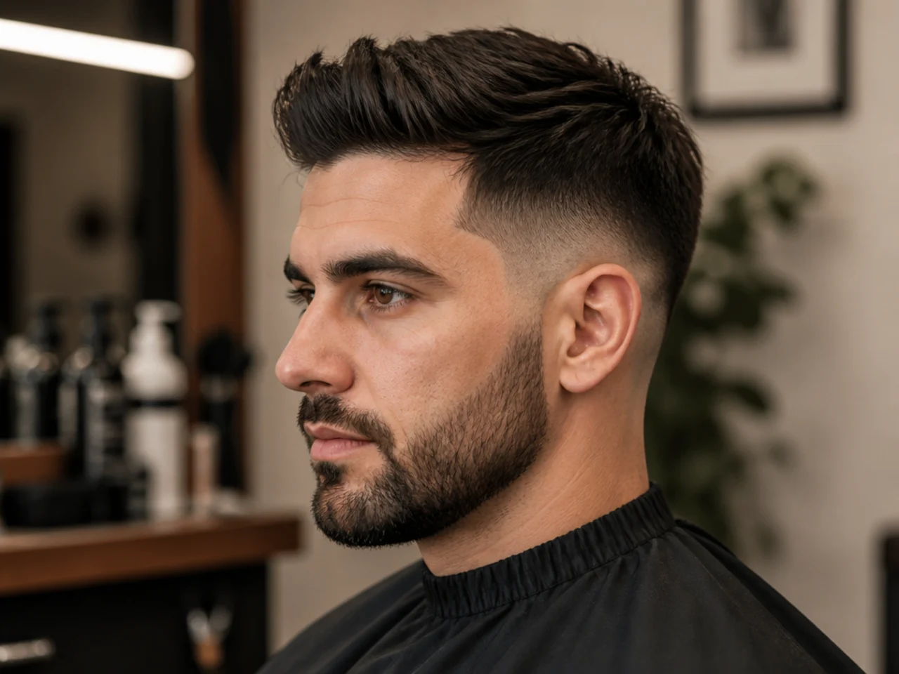 Barbershop consultation showing a young man handing his barber a phone photo reference for a short quiff