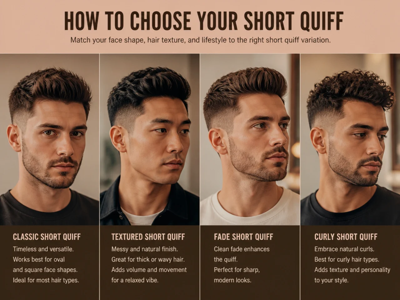 Three-quarter barbershop portrait of a young man with a modern short quiff framing an oval face