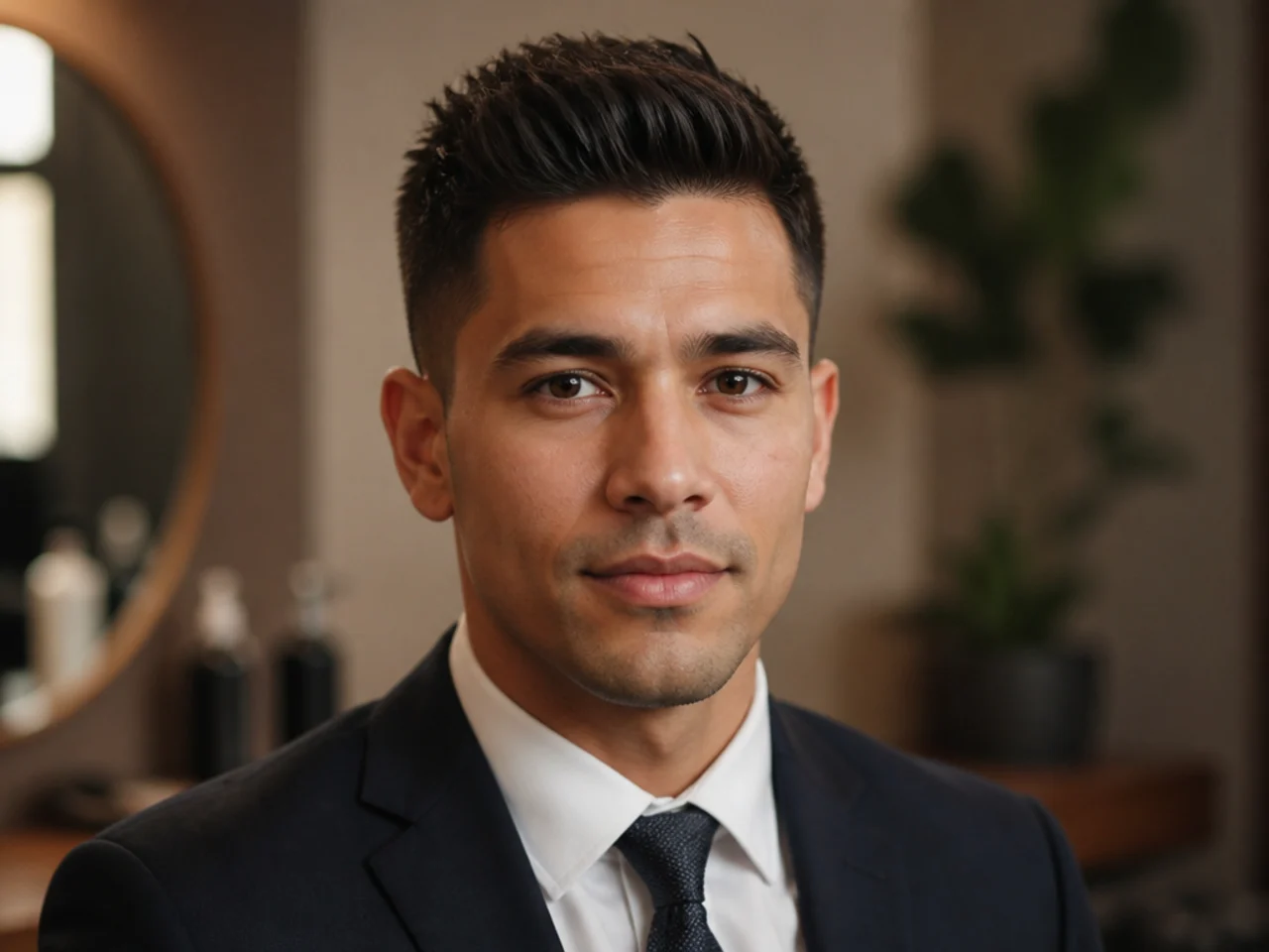 Executive short quiff on a man in office attire showing a workplace-appropriate scissor-blended version of the cut