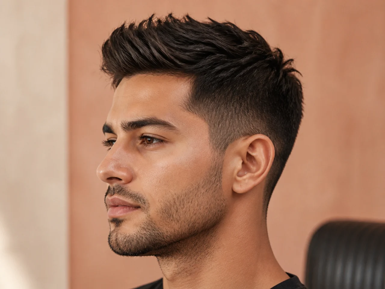 Overhead flat-lay of styling products for a short quiff including matte clay, molding paste, sea-salt spray, and a vented brush
