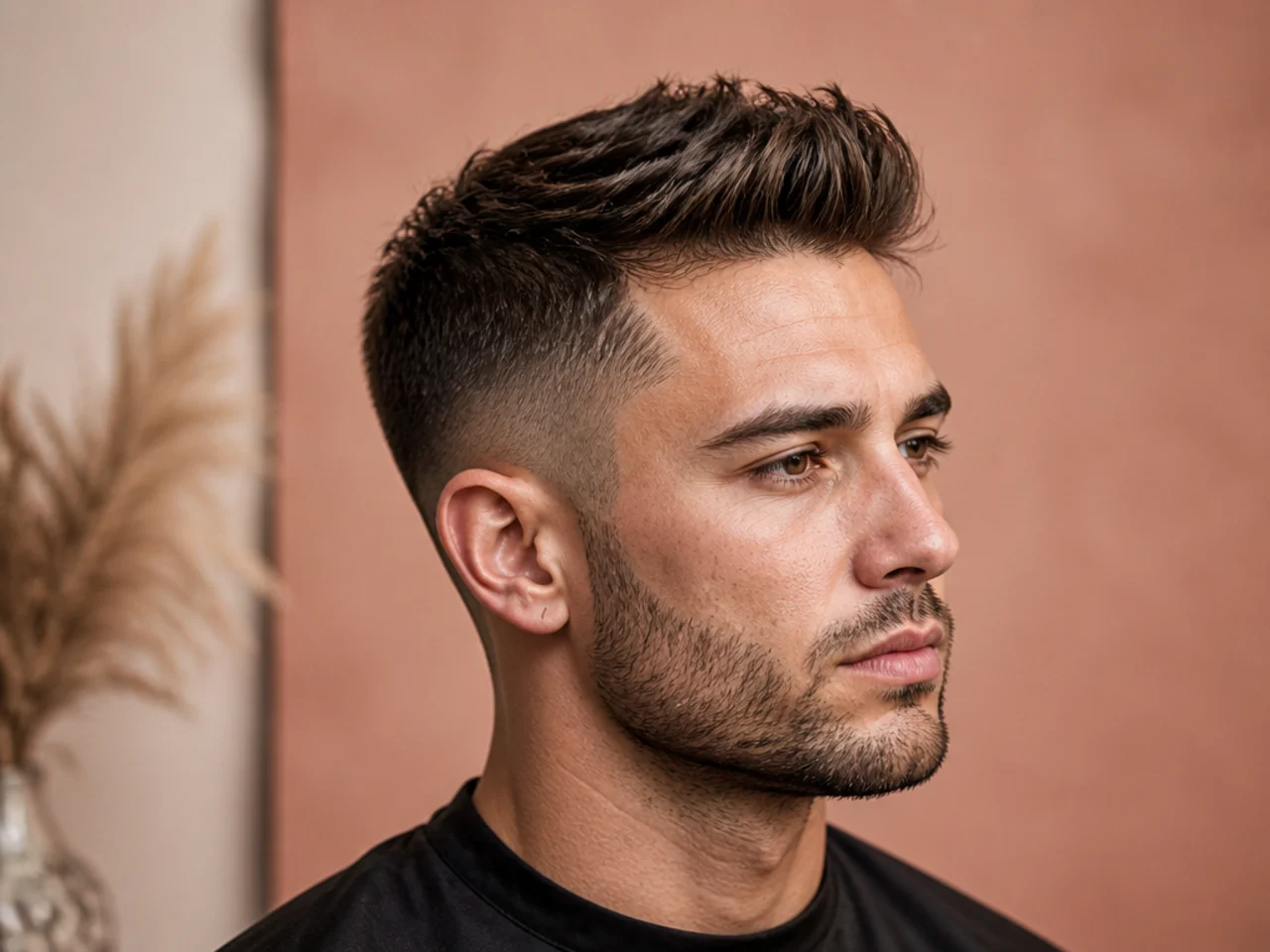 Front editorial portrait of a young man with a short quiff, three-inch front lifted up and back, low taper sides, matte finish